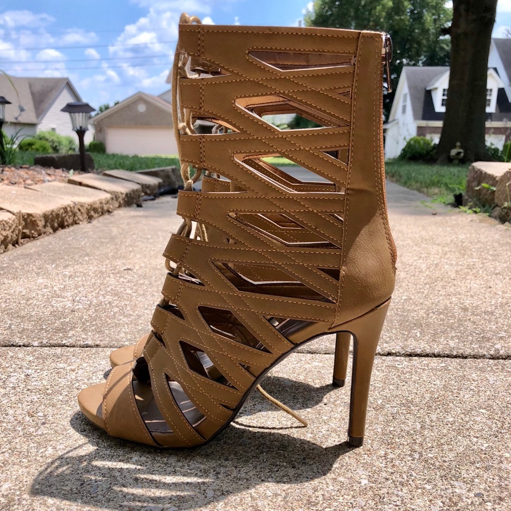 Tan ankle strappy high heels